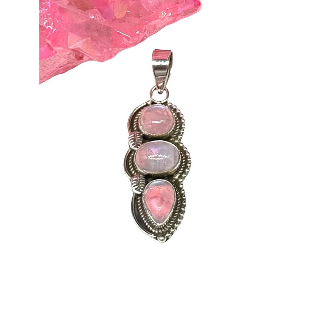 Pink Flash Rainbow Moonstone Necklace Pendant Solid 925 Sterling Silver